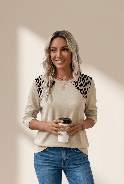 Women's Beige Leopard Contrast Raglan Sleeve Knit Blouse