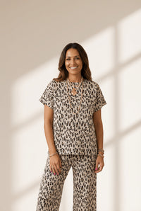Women's Beige Leopard Print Knit Two-Piece Pant Set