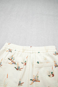 Beige Wild Duck Mallard Printed Drawstring Denim Shorts