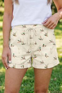 Women's Beige Mallard Print Drawstring Denim Shorts - Stylish, Comfortable Summer Casual Wear for Effortless Outfits