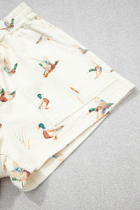 Beige Wild Duck Mallard Printed Drawstring Denim Shorts