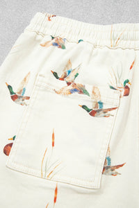 Beige Wild Duck Mallard Printed Drawstring Denim Shorts