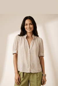 Women's Beige Metallic Jacquard Short Sleeve Button-Down Blouse