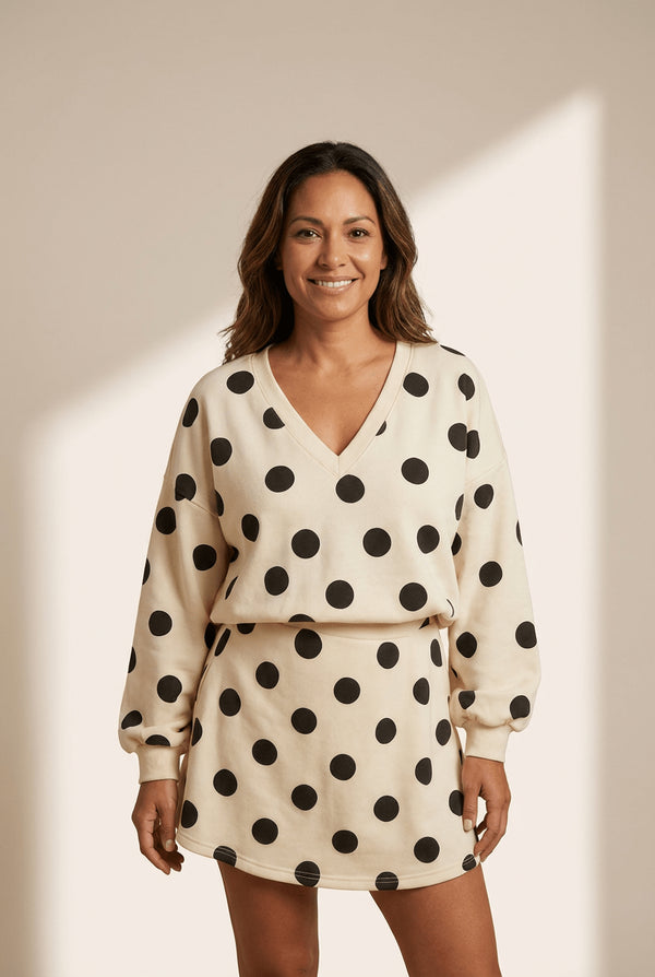 Women's Beige Polka Dot V-Neck Pullover and A-Line Mini Skirt Set