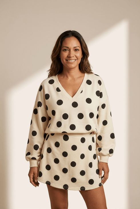 Women's Beige Polka Dot V-Neck Pullover and A-Line Mini Skirt Set