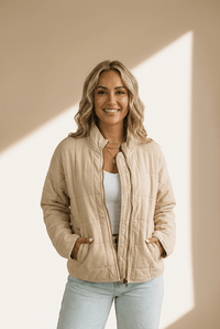 Women's Beige Quilted Zip-Front Mock Neck Jacket with Pockets