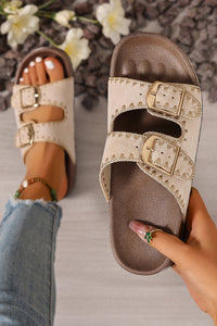 women's beige retro faux suede slippers with embroidered trim and chic buckle detail for cozy style with practical styling and dependable silhouette