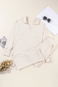 Beige Collared Split Neck Ribbed 2pcs Athleisure Outfit