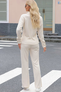 Beige Collared Split Neck Ribbed 2pcs Athleisure Outfit