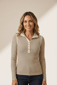 Women's Beige Striped Ribbed Knit Henley Pullover