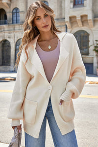 Beige Solid Color Knit Lapel Collar Single Button Sweater Cardigan