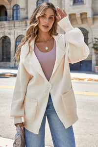 Beige Solid Color Knit Lapel Collar Single Button Sweater Cardigan