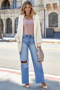 Beige Solid Color Knit Lapel Collar Single Button Sweater Cardigan