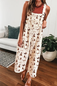 women's beige western-style printed jumpsuit for women | adjustable straps and relaxed fit fashionable dungarees with practical styling and dependable