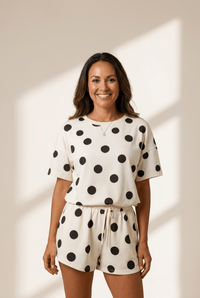 Women's Black and Ivory Polka Dot Tee and Drawstring Shorts Set with practical styling and dependable silhouette control.
