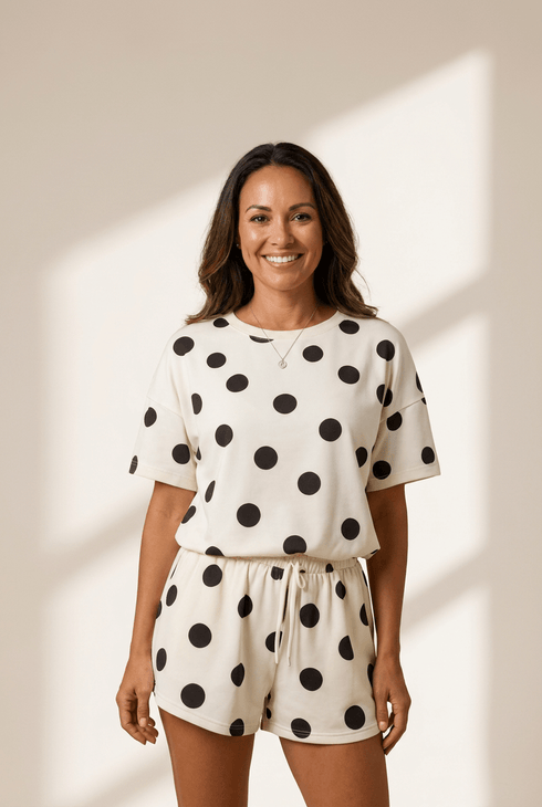 Women's Black and Ivory Polka Dot Tee and Drawstring Shorts Set with practical styling and dependable silhouette control.