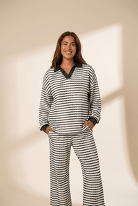 Women's Black and White Striped Cotton-Blend Knit Two-Piece Pant Set
