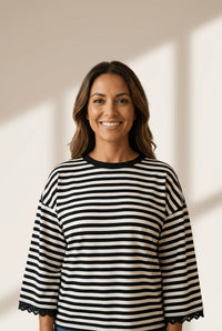 Women's Black and White Striped Lace-Trim Bracelet Sleeve Top