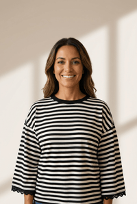Women's Black and White Striped Lace-Trim Bracelet Sleeve Top
