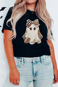 Women's Black Checkered Leopard Ghost Print Halloween T-Shirt