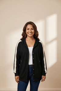 Women's Black Color Block Waffle Knit Button Hoodie