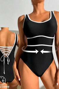 Women's Black Contrast Lace-Up One-Piece Slimming Swimsuit