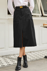 Black Front Slit Shift High Waist Midi Skirt