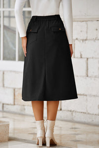 Black Front Slit Shift High Waist Midi Skirt