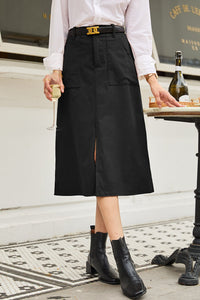 Black Front Slit Shift High Waist Midi Skirt