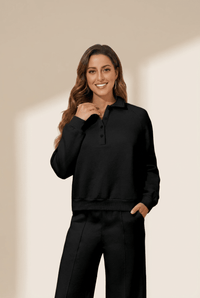 Women's Black Cotton-Blend Polo Sweatshirt and Wide-Leg Set