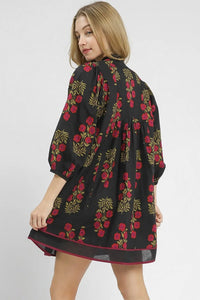 Black Floral Print Notched Neck Piping Trim Bracelet Sleeve Babydoll Dress