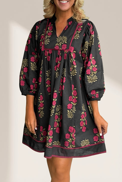 Women's Black Cotton Floral Babydoll Dress with Notched Neckline