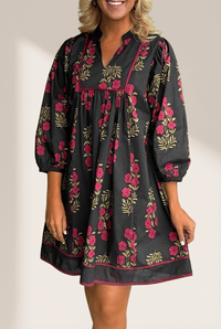 Women's Black Cotton Floral Babydoll Dress with Notched Neckline