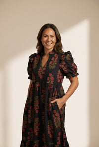 Women's Black Cotton Floral Maxi Dress with Puff Sleeves