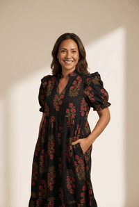 Women's Black Cotton Floral Maxi Dress with Puff Sleeves