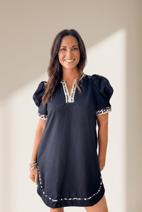 Women's Black Cotton Shift Dress with Leopard Trim