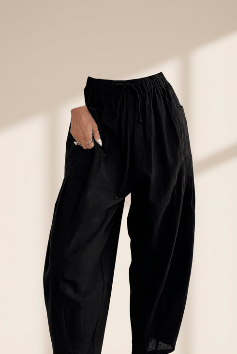 Black Drawstring Elastic Waist Patch Pocket Barrel Leg Casual Pants