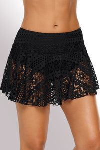 Women's Black Crochet Lace Swim Skirt with Built-in Brief