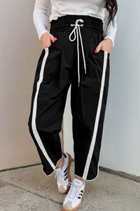 
Women's Black Cropped Casual Pants with Striped Accents and Smocked Waist for Everyday Comfort and Effortless Style
