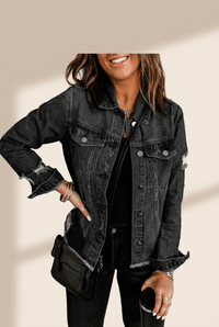 Women's Black Distressed Denim Jacket with Raw Hem and Lapel