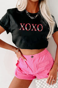 Women's Black Floral Embroidered XOXO Crew Neck T-Shirt
