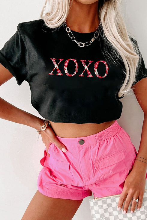 Women's Black Floral Embroidered XOXO Crew Neck T-Shirt