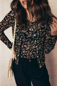 Black Floral Print Mesh Tank Button Front Slim Cardigan 2pcs Set