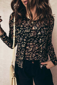 Black Floral Print Mesh Tank Button Front Slim Cardigan 2pcs Set