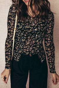 Black Floral Print Mesh Tank Button Front Slim Cardigan 2pcs Set