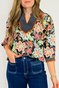 Women's Floral Patchwork V-Neck Blouse with Ricrac Trim
