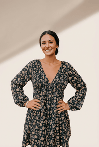 Women's Black Floral V-Neck Smocked Midi Dress with Long Sleeves