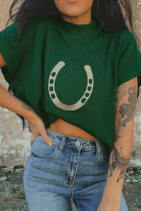 Women's Black Green Horseshoe Graphic Short Sleeve Western Sweater - Chic Casual Top for Effortless Everyday Style