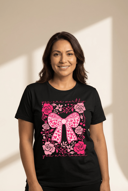 Women's Black Heart Bow and Floral Graphic T-Shirt with practical styling and dependable silhouette control.