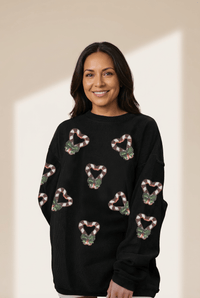 Women's Black Heart Candy Cane Sequin Fleece Sweatshirt